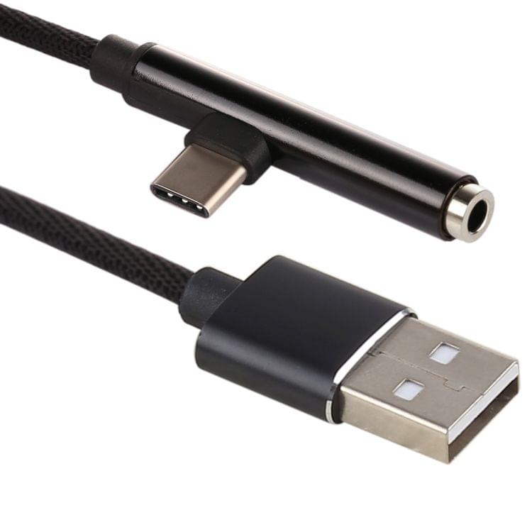 1m Type-C Male + USB to 3.5mm Female Cloth Earphone Audio Adapter Cable(Black)