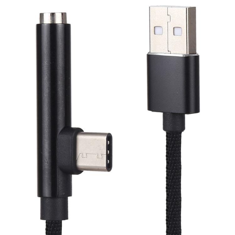 1m Type-C Male + USB to 3.5mm Female Cloth Earphone Audio Adapter Cable(Black)