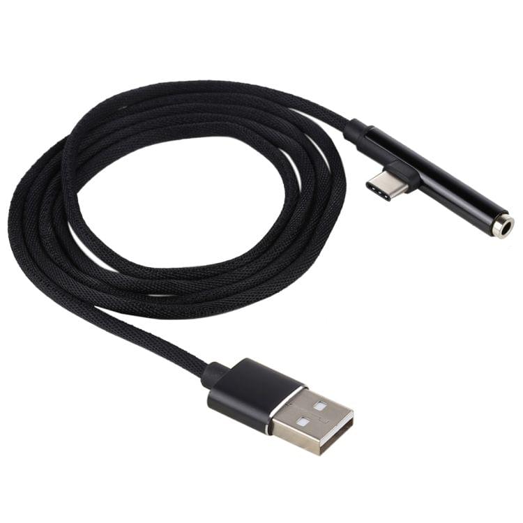 1m Type-C Male + USB to 3.5mm Female Cloth Earphone Audio Adapter Cable(Black)