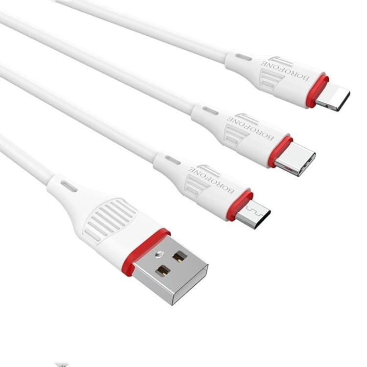 Borofone BX17 Enjoy 3 in 1 2A Micro USB + 8 Pin + USB-C / Type-C to USB Fast Charging Cable (White)
