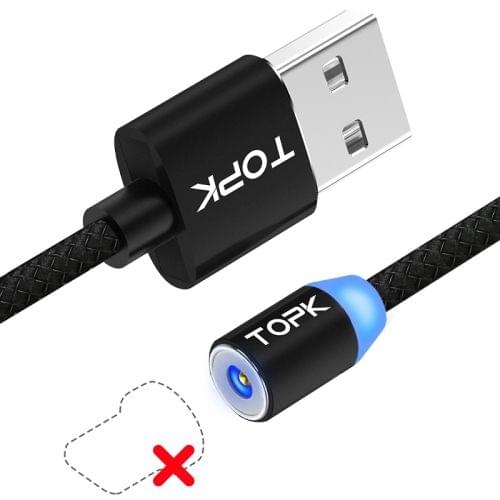TOPK 1m 2.1A Output USB Mesh Braided Magnetic Charging Cable with LED Indicator, No Plug (Black)