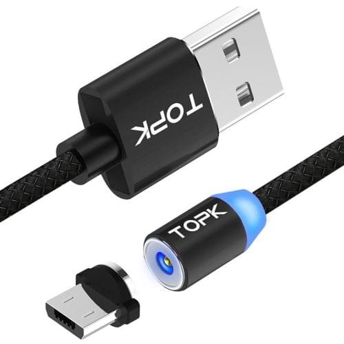TOPK 2m 2.1A Output USB to Micro USB Mesh Braided Magnetic Charging Cable with LED Indicator (Black)