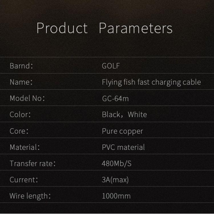 GOLF GC-64m Micro USB to USB 3A Fast Charging USB Data Cable for Galaxy, Huawei, Xiaomi, HTC, Sony and Other Smartphones (Black)