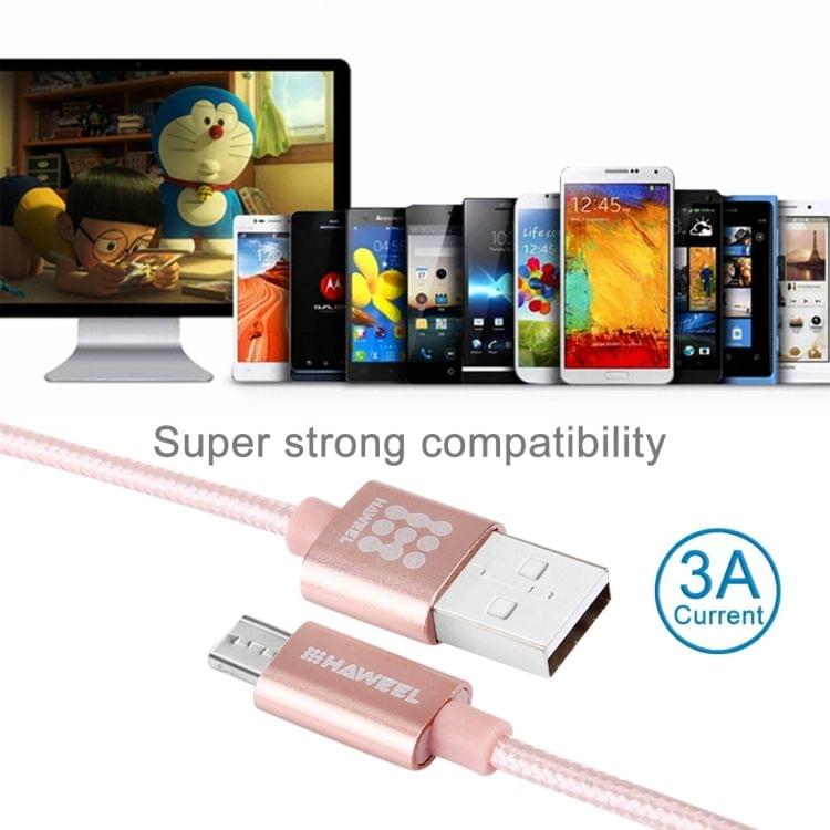 HAWEEL 1m Woven Style Metal Head 3A High Current Micro USB to USB Sync Data Charging Cable