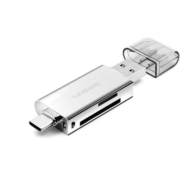 YAOMAISI Q25 2 in 1 USB 3.0 to Type-C Metal Memory Card Reader, Support SD / TF Card(Silver)