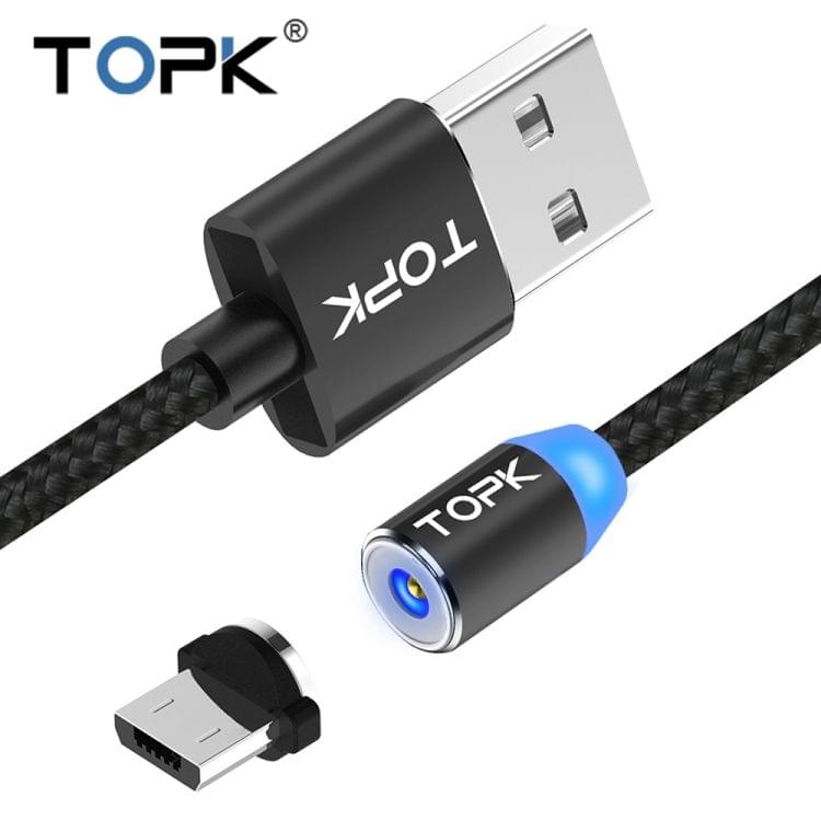 TOPK 1m 2.4A Max USB to Micro USB Nylon Braided Magnetic Charging Cable with LED Indicator (Black)