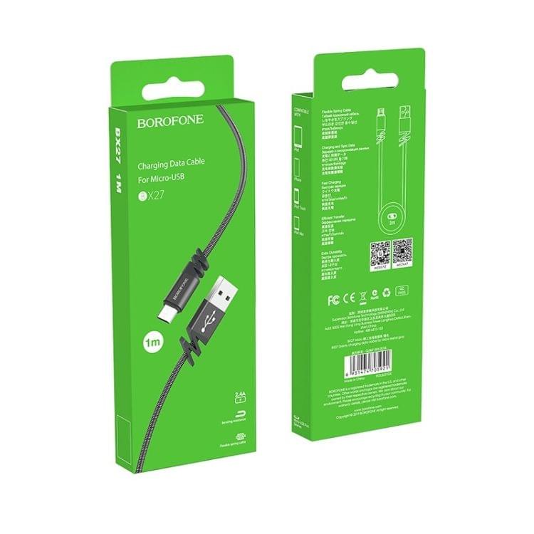 Borofone BX27 Micro USB to USB Dainty Charging Data Stainless Steel Spring Cable for Galaxy, Huawei, Xiaomi, HTC, Sony and Other Smartphones (Grey)