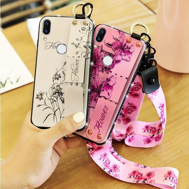 Fashion Cloth Texture TPU Protective Case with Wristband & Holder & Lanyard For Redmi Note 7(Butterfly Flower Red Pattern)