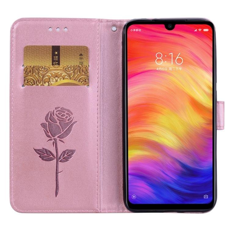 Rose Embossed Horizontal Flip PU Leather Case for Xiaomi Redmi Note 7, with Holder & Card Slots & Wallet(Rose Gold)