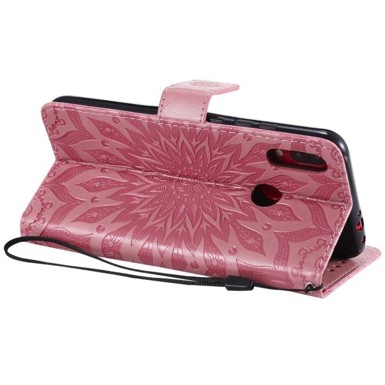 Sun Embossing Pattern Horizontal Flip Leather Case for Xiaomi Redmi Note 7, with Card Slot & Holder & Wallet & Lanyard (Pink)