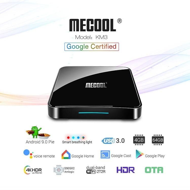 MECOOL KM3 4K Ultra HD Smart Android 9.0 Amlogic S905X2 Quad Core ARM Cortex-A53 TV Box with Remote Controller, RAM: 4GB, ROM: 64GB, Support WiFi, HDMI, TF Card, AV