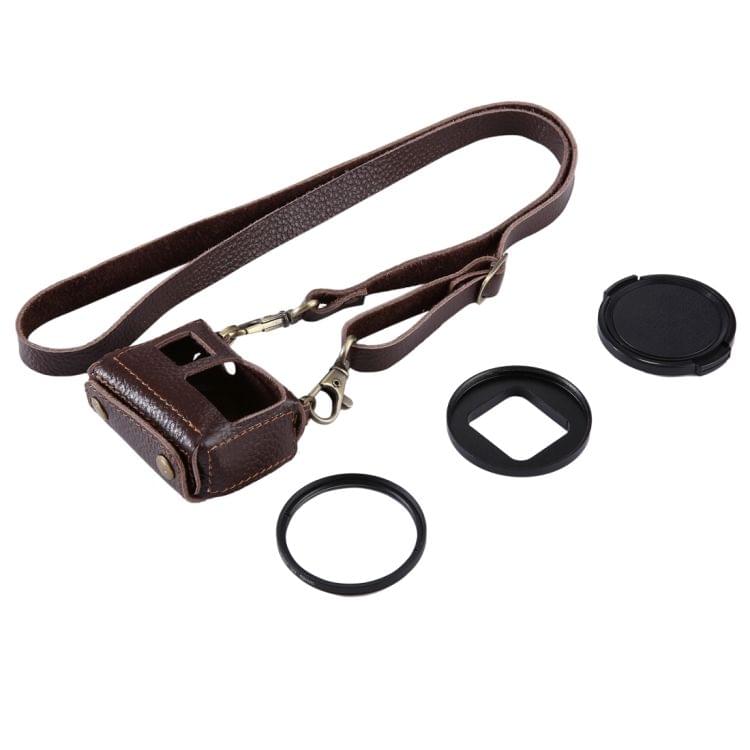 PULUZ for GoPro HERO7 Black /6 /5 Litchi Texture Genuine Leather Housing Case with Set Key Hole & Neck Strap & 52mm UV Lens(Brown)