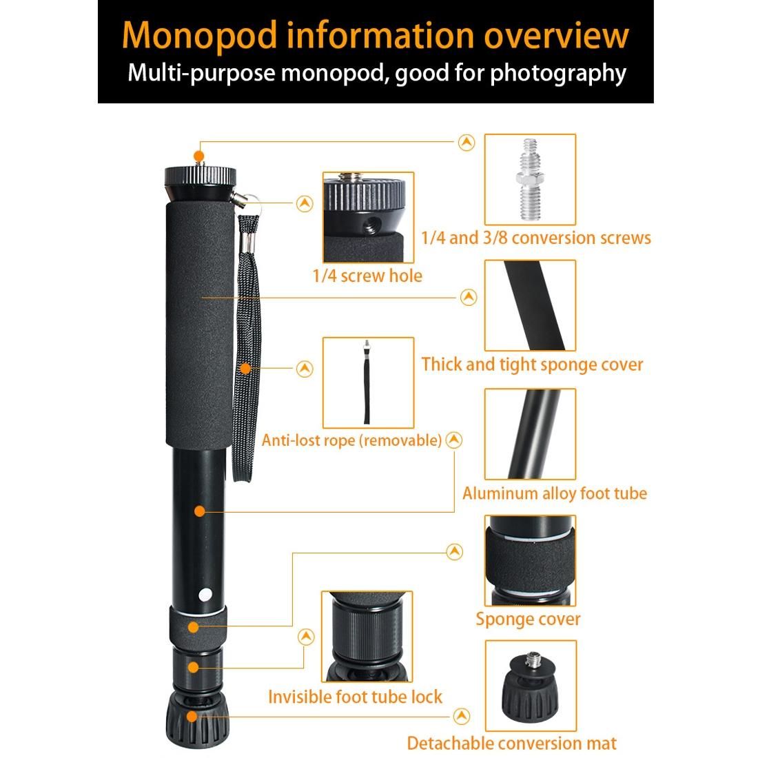 BEXIN P308B Portable Travel Outdoor DSLR Camera Aluminum Alloy Monopod Holder (Black)