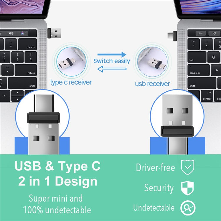 2-in-1 USB / Type-C Mouse Jiggler Portable Mini Mouse Mover, Driver-Free for Computers, Laptops