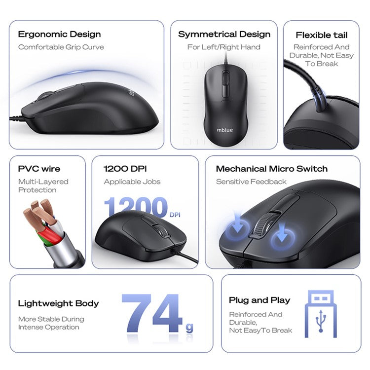 MBLUE M204 Ergonomic USB Wired Mouse 1200 DPI 3 Buttons Mouse for Laptop and PC - Black