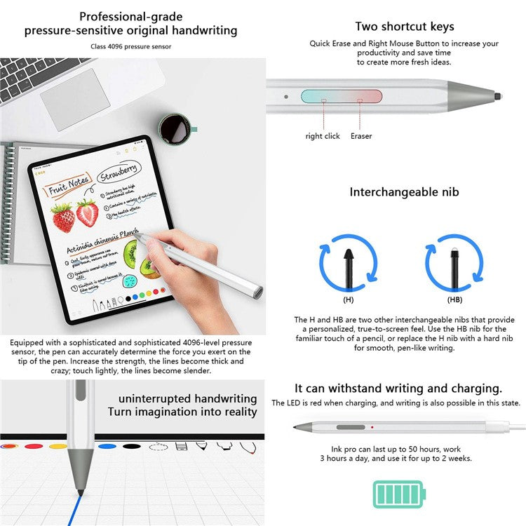 WR18 Micro USB Charging Port Laptop Stylus Pen Tilt Sensitivity 4096 Pressure Level Palm Rejection Capacitive Pen