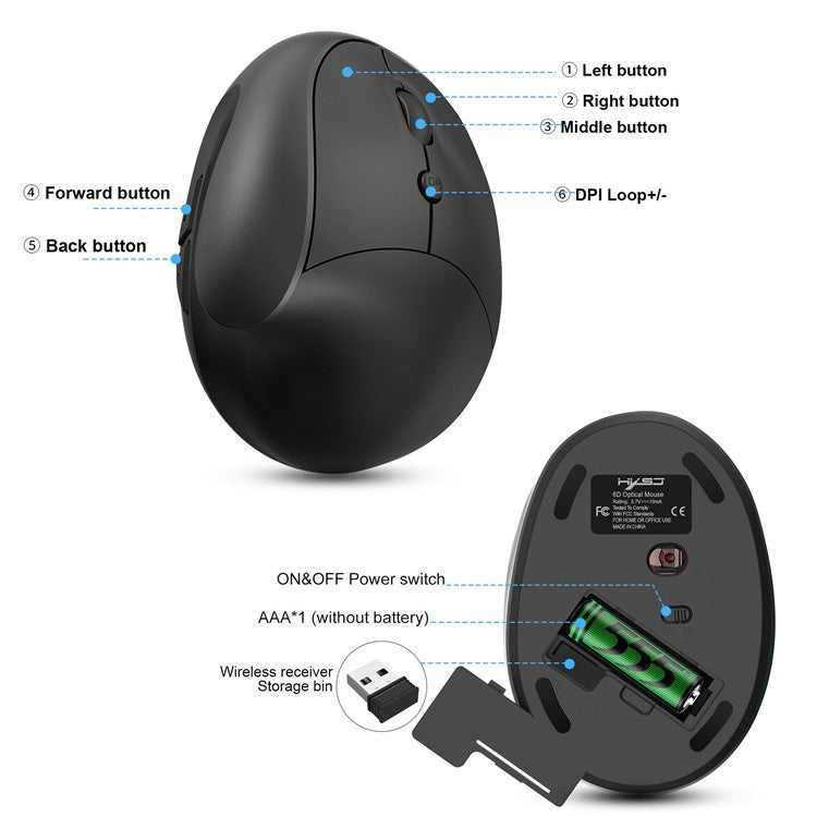 X10 Battery Powered Ergonomic Vertical Mouse 2.4G Wireless Right / Left Computer Mice 6D Optical Gaming Mouse - Black