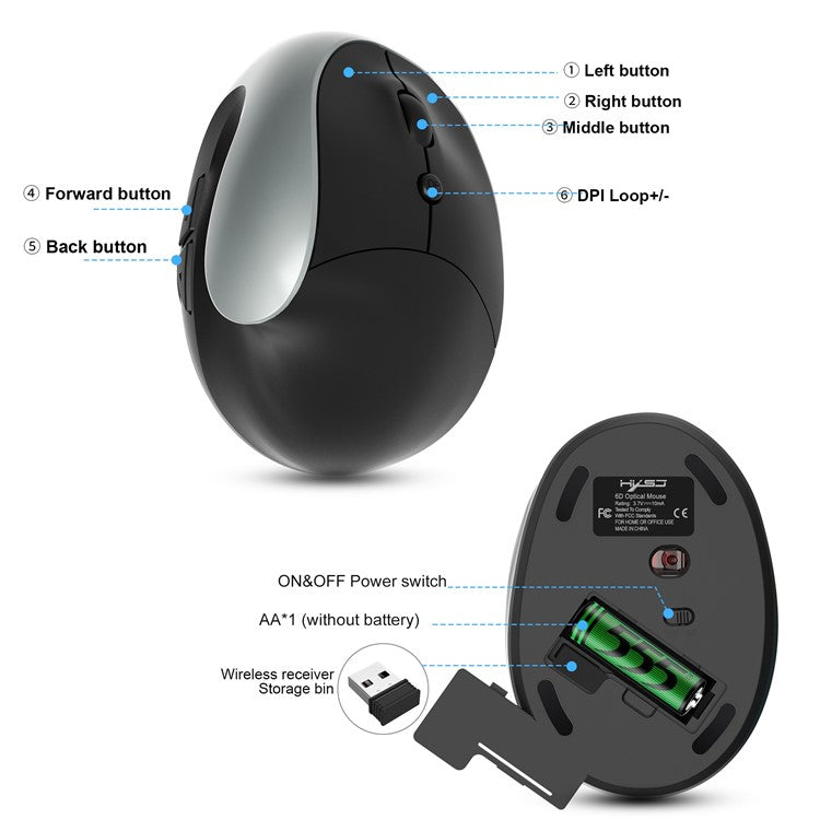 X10 Battery Powered Ergonomic Vertical Mouse 2.4G Wireless Right / Left Computer Mice 6D Optical Gaming Mouse - Grey