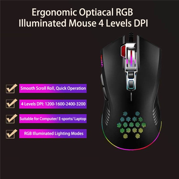 DWN DM6809 Hollow Honeycomb Wired Gaming Office Mouse 3200 DPI Computer Laptop Mice with RGB Light