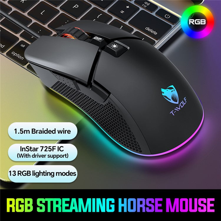 T-WOLF G590 USB Wired Gaming Mouse RGB Light 800-7200DPI ABS Computer Laptop Mice