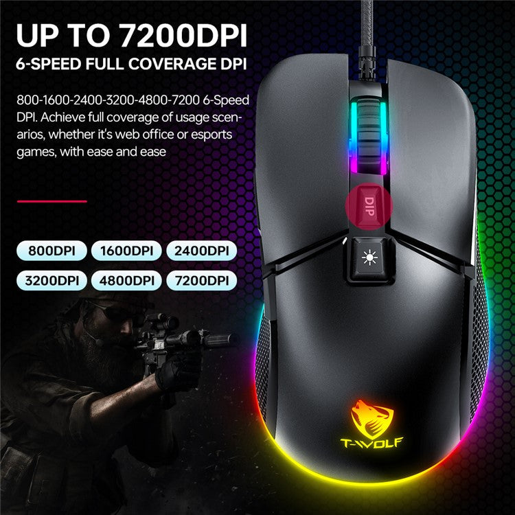 T-WOLF G590 USB Wired Gaming Mouse RGB Light 800-7200DPI ABS Computer Laptop Mice