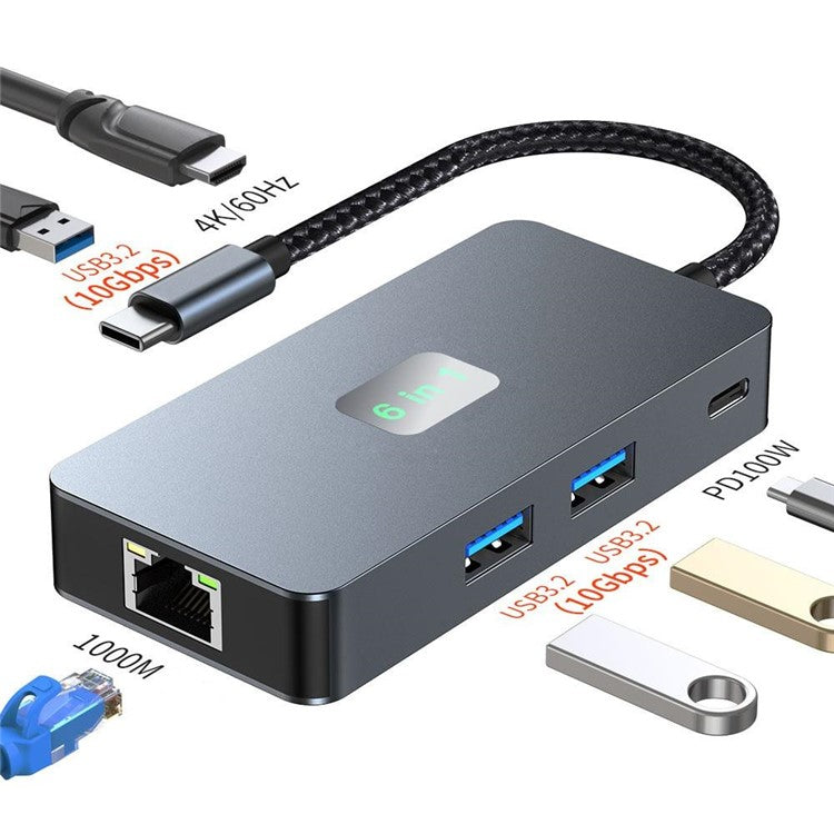 2308 6-in-1 USB Hub Type-C to RJ45 Gigabit + USB3.2x3 + 4K 60Hz HD + PD 100W Type-C Adapter