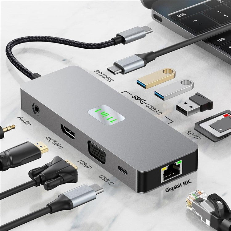 2411 Type-C Hub with 3xUSB 3.0+HD+VGA+2xCard Reader+PD 100W+RJ45 Ethernet+3.5mm AUX+USB-C