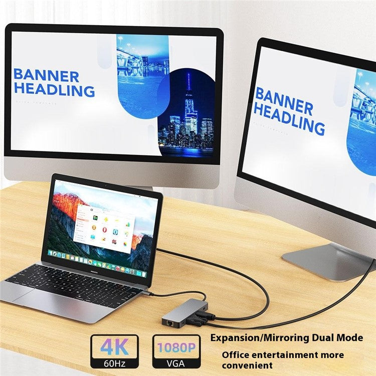 2411 Type-C Hub with 3xUSB 3.0+HD+VGA+2xCard Reader+PD 100W+RJ45 Ethernet+3.5mm AUX+USB-C