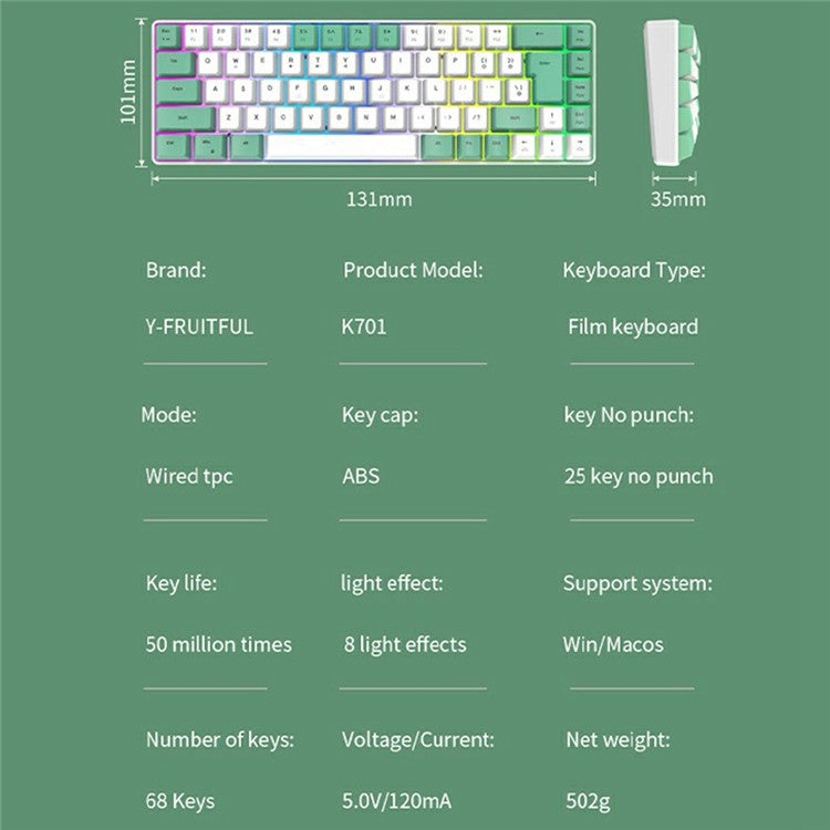 Y-FRUITFUL K701 68 Keys Wired Keyboard with RGB Light Mechanical Gaming Keyboard - White+Green