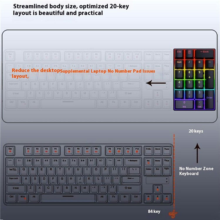 Y-FRUITFUL YF20 Laptop Mechanical Numeric Keypad 20 Keys RGB Backlit Wired External Mini Keyboard - Black