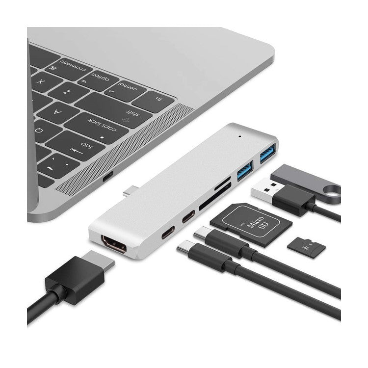 Dual USB-C Hub Type-C to Thunderbolt 3 + Type-C + 4K HDMI + USB 3.0 x 2 + SD + MicroSD Card Reader Adapter - Silver