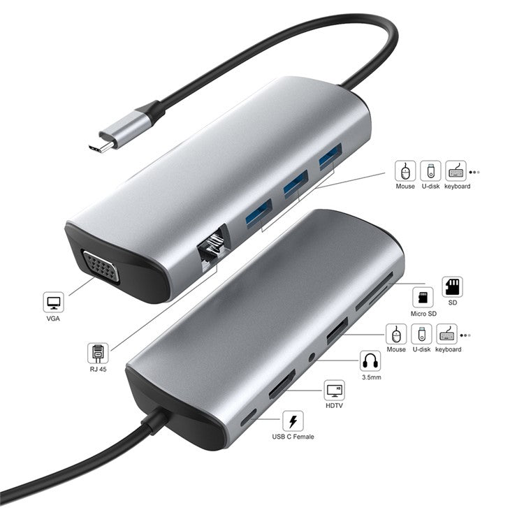 11-in-1 4K Type C Hub Adapter USB 3.0 RJ45 SD/TF Card Reader Docking Station