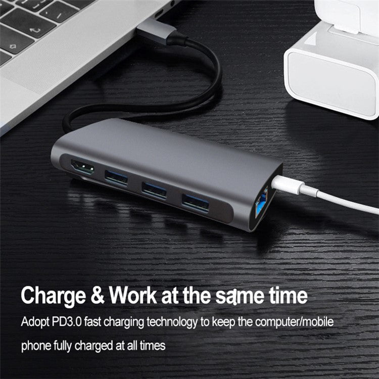 8-in-1 Type C Hub Adapter USB 3.0 RJ45 SD/TF Card Reader HDMI Type-C Port Docking Station
