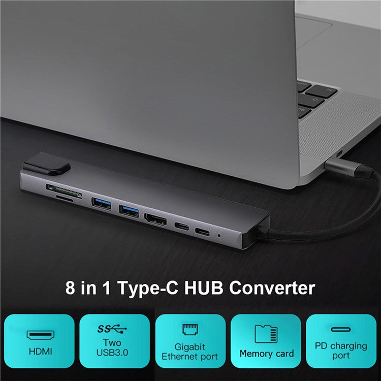 8-in-1 Type-C Docking Station +2*USB3.0+2*Type-C+RJ45+TF+SD Multi-function HUB
