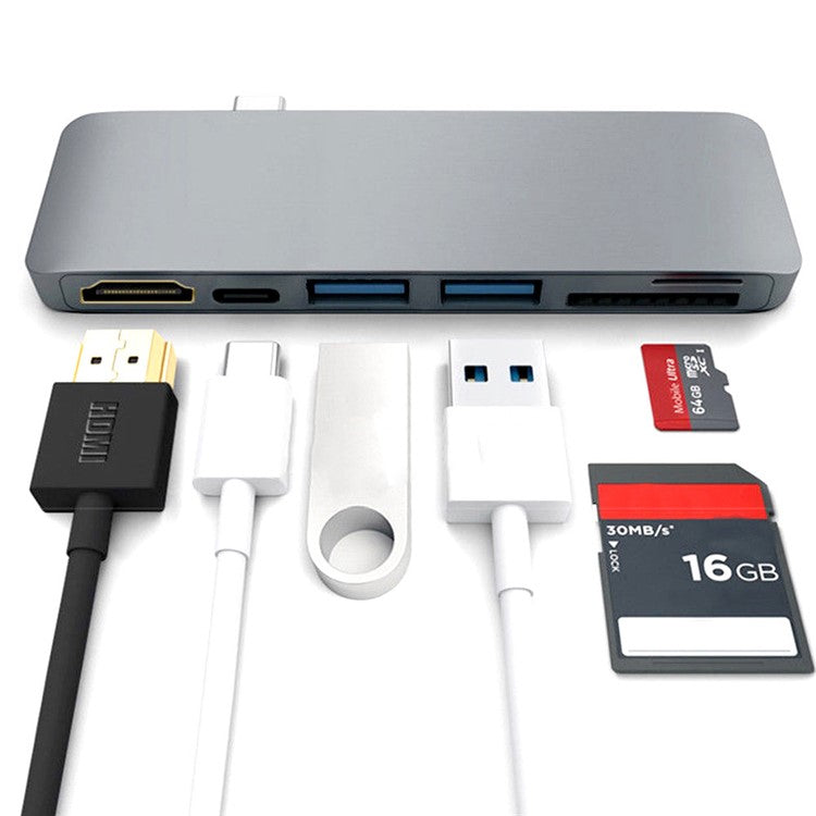 6-in-1 Type C Hub Adapter + 2*USB 3.0 + PD + SD/TF Card Reader Docking Station - Grey