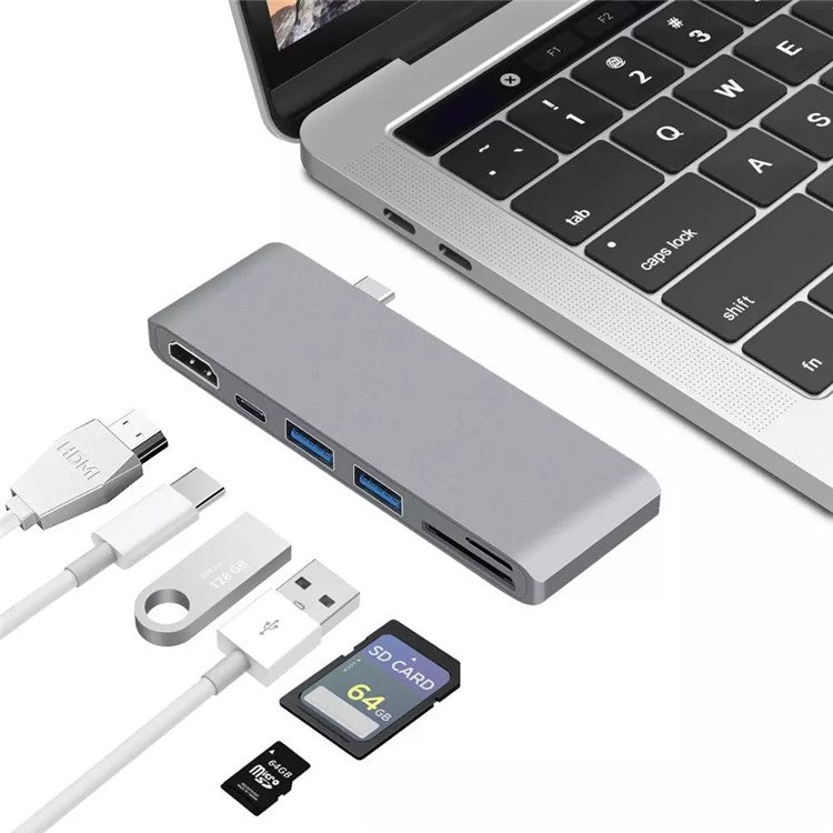 6-in-1 Type C Hub Adapter + 2*USB 3.0 + PD + SD/TF Card Reader Docking Station - Grey
