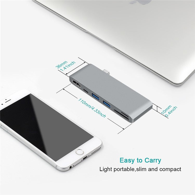6-in-1 Type C Hub Adapter + 2*USB 3.0 + PD + SD/TF Card Reader Docking Station - Grey