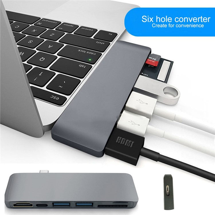 6-in-1 Type C Hub Adapter + 2*USB 3.0 + PD + SD/TF Card Reader Docking Station - Grey
