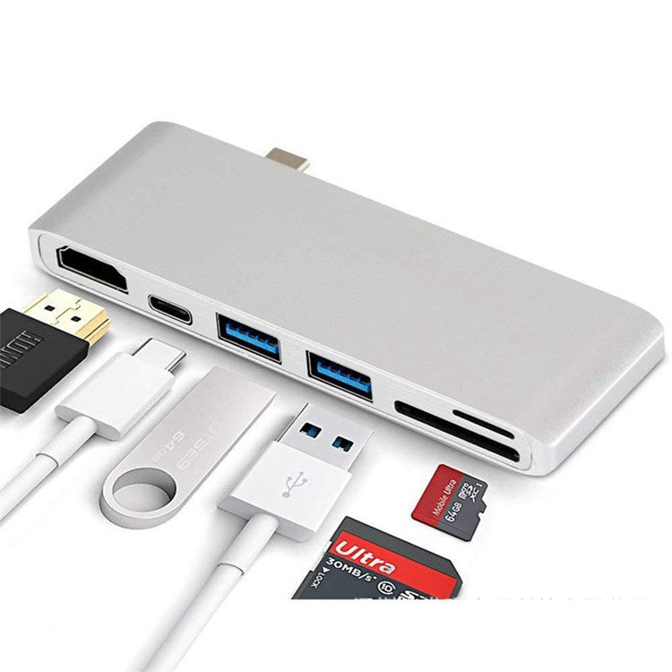 6-in-1 Type C Hub Adapter + 2*USB 3.0 + PD + SD/TF Card Reader Docking Station - Silver