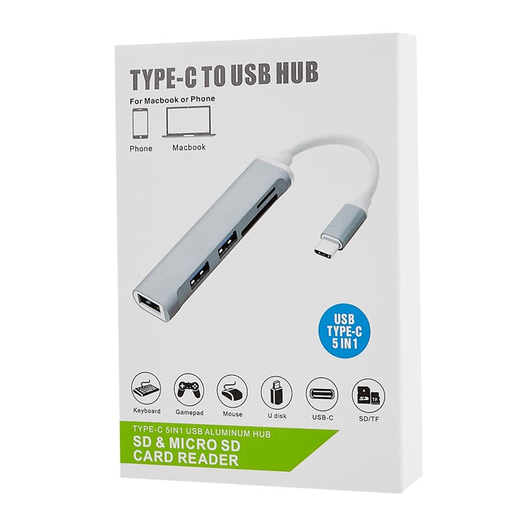 USB-C 5-in-1 Hub Splitter 3 x USB3.0 5Gbps High Speed TF SD Card Reader Adapter - Blue