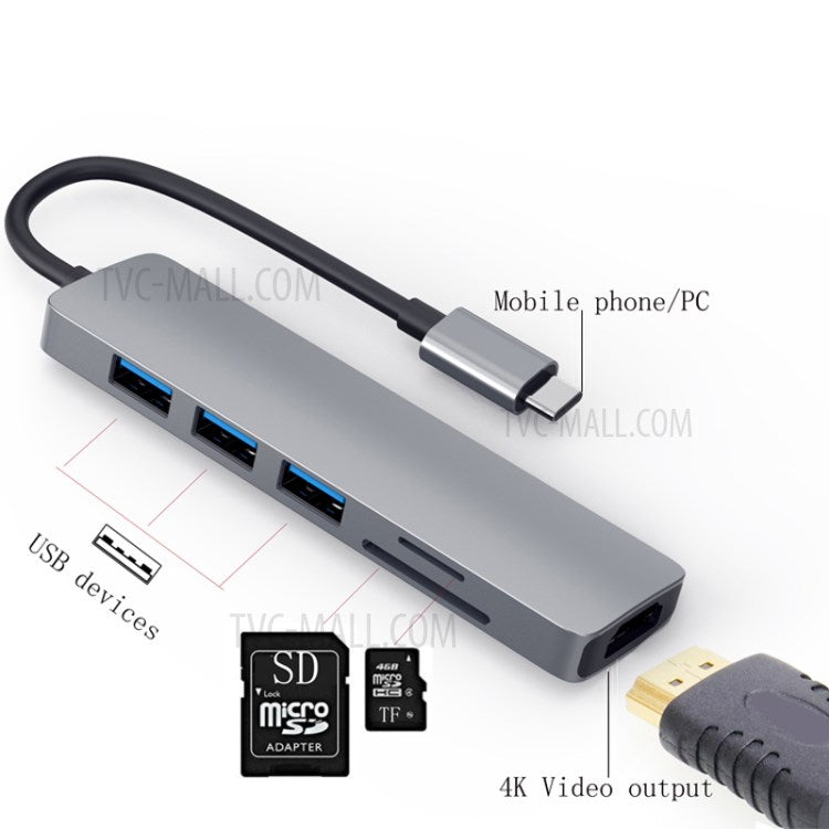 HC-13 Type-C 6-in-1 Hub Splitter 4K HDMI USB3.0 / 2.0 TF SD Card Reader Laptop Adapter Docking Station