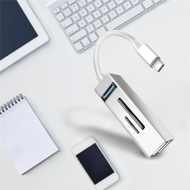 Type-C 5-in-1 Hub Splitter USB3.0 TF Memory Card Reader Adapter Docking Station for Phone Laptop - White