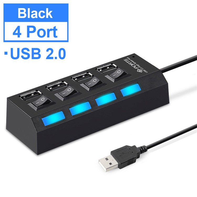 A42 High Speed USB2.0 4-Port USB Hub Splitter with Independent Switch - Black