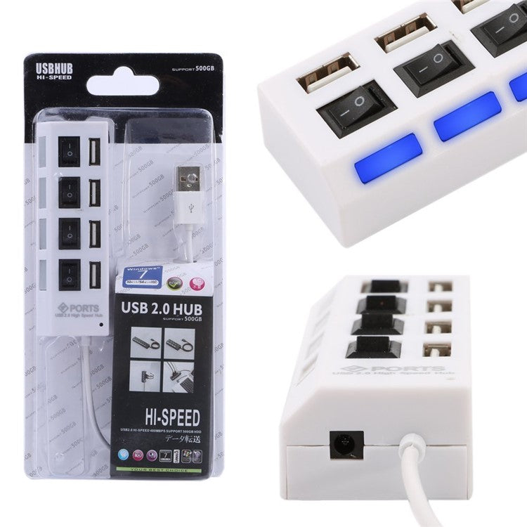 A42 High Speed USB2.0 4-Port USB Hub Splitter with Independent Switch - White