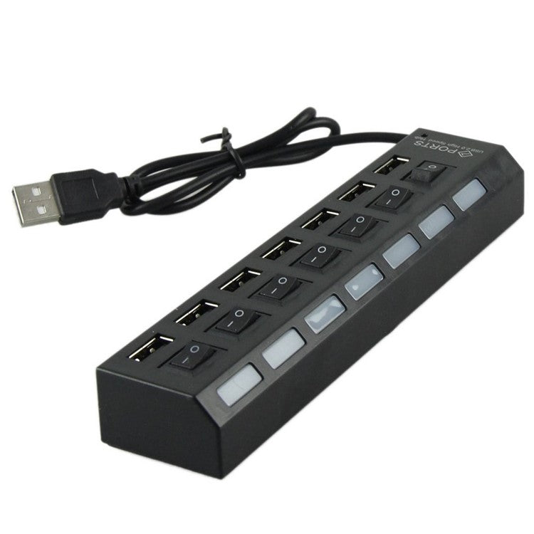 A55 USB2.0 High Speed Transmission 7-Port USB Hub Splitter with Independent Switch - Black