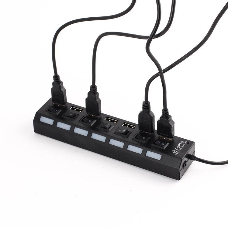A55 USB2.0 High Speed Transmission 7-Port USB Hub Splitter with Independent Switch - Black