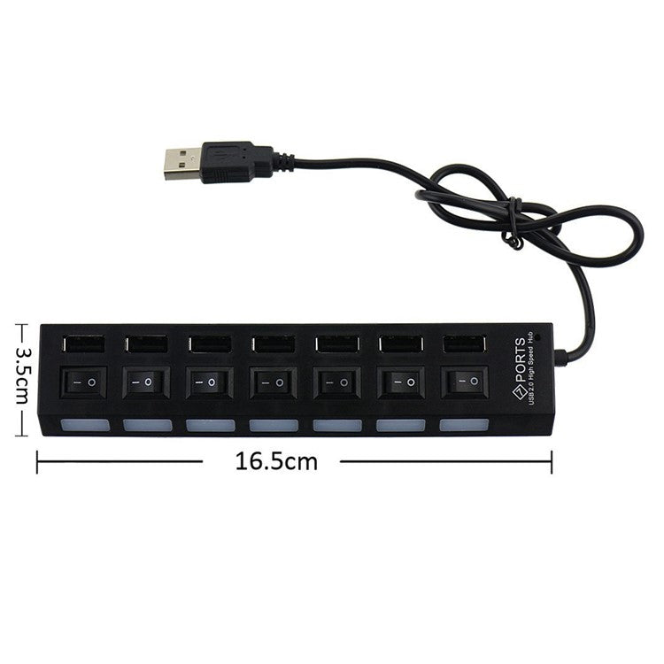 A55 USB2.0 High Speed Transmission 7-Port USB Hub Splitter with Independent Switch - Black