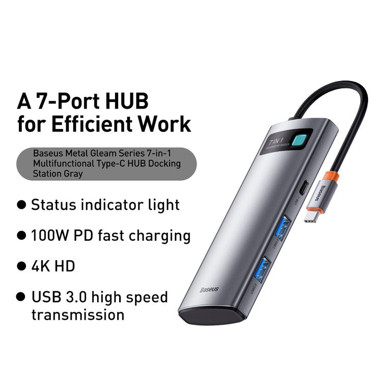 BASEUS Metal Gleam Series 7-in-1 Multifunctional Type-C Hub Docking Station - Grey