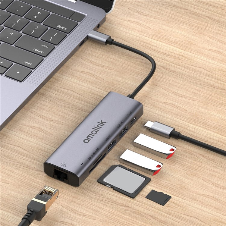 AMALINK AL-95122D 6 in 1 Type C Hub TF Card Reader USB 2.0+3.0 PD 3.0 RJ45 Adapter Up to 85W Power Delivery