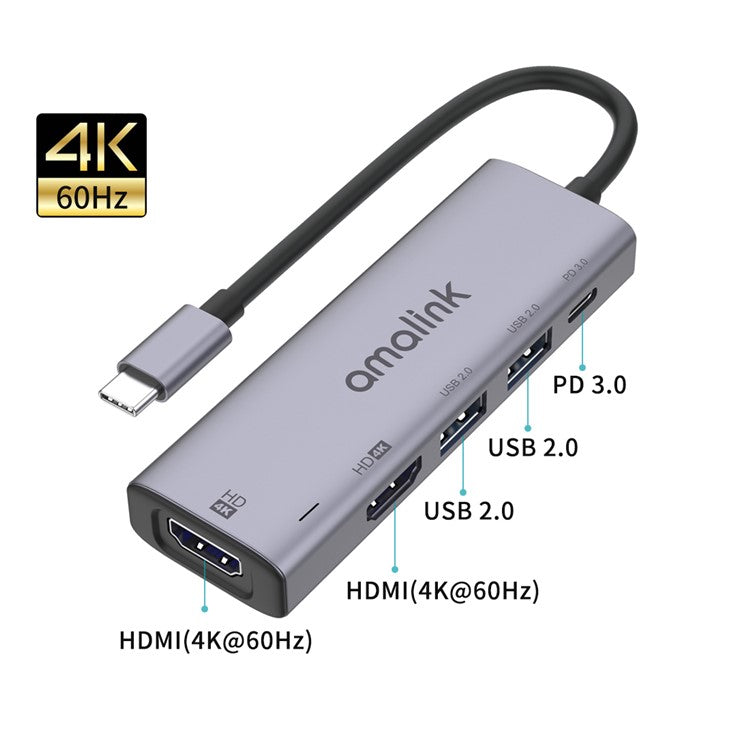AMALINK AL-95126D 5 in 1 Type C Hub 76W Power Delivery 2x HDMI+USB 2.0 PD 3.0 Adapter for Mobile Phone Laptop